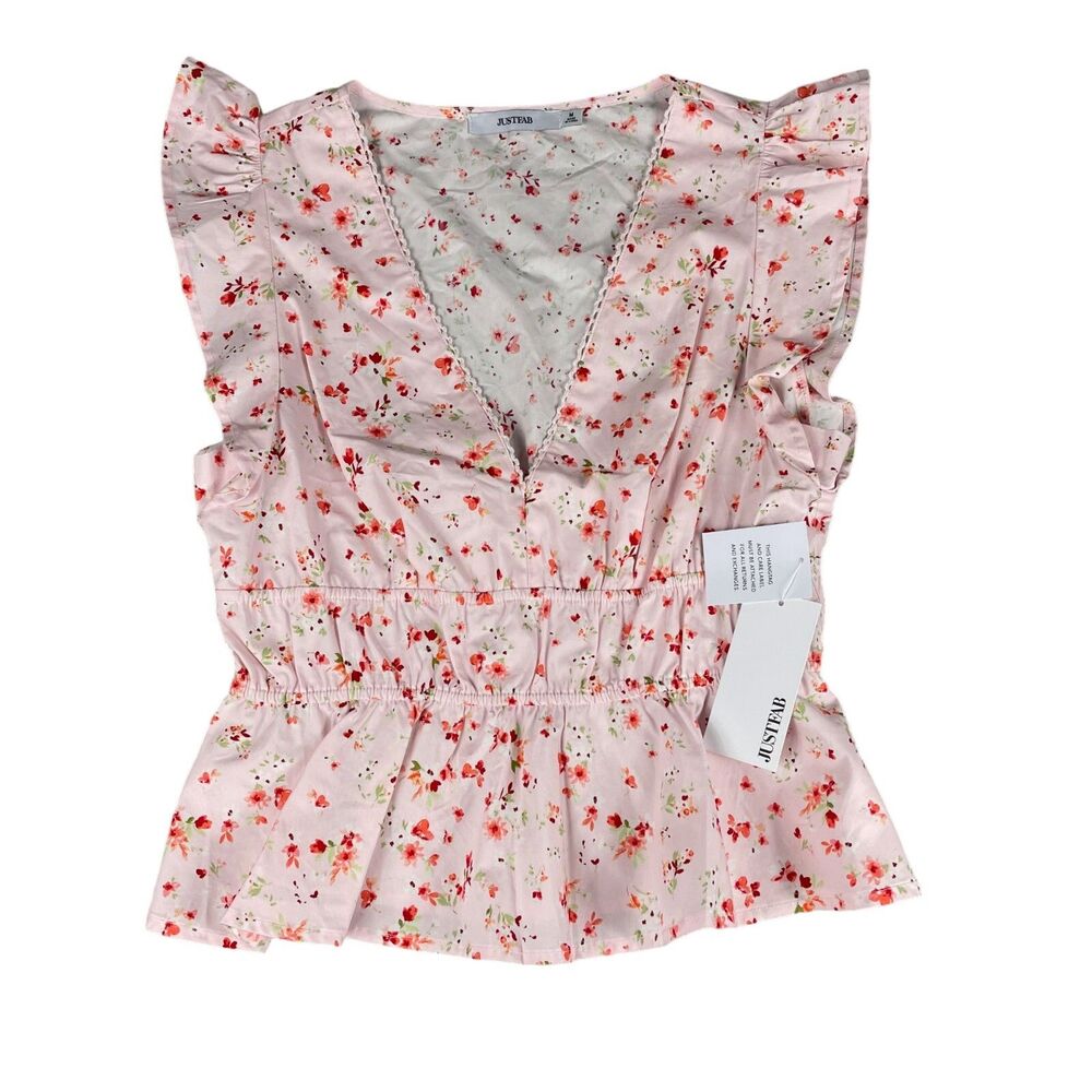 JustFab Top Women's Medium Pink Sleeveless Rose Floral V-Neck Shirt Cotton NWT